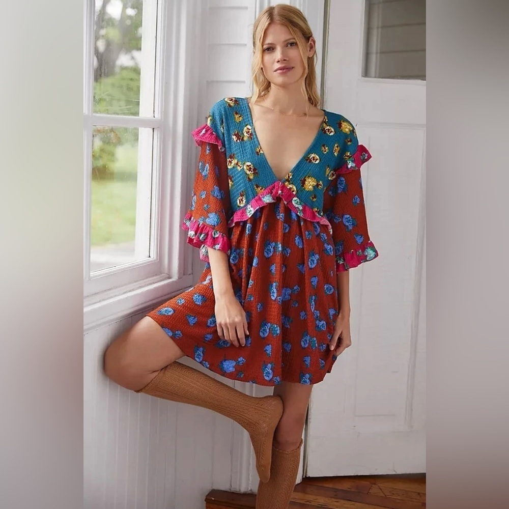 By Anthropologie Ruffled Sleep Mini Dress - Floral Patchwork - Size Small Petite